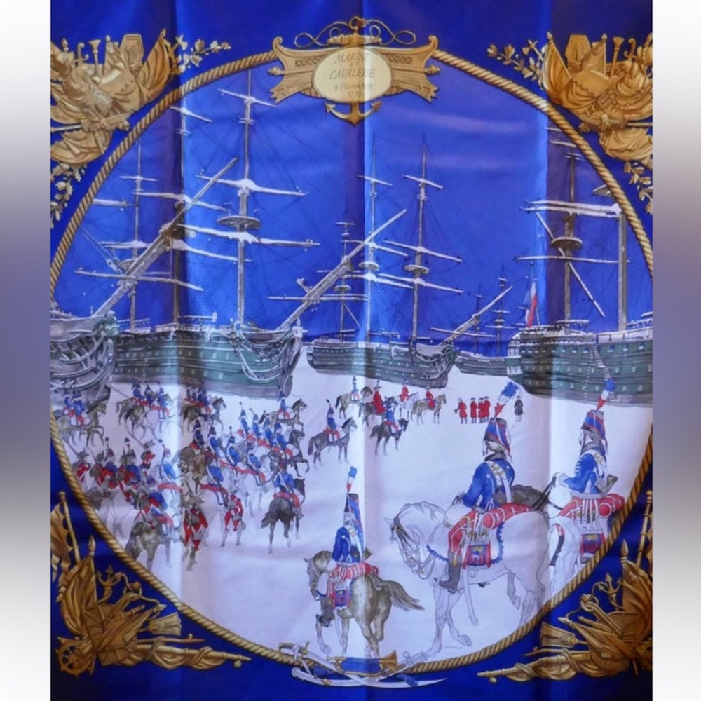Hermes "Marine et Cavalerie" Silk Scarf Equestrian & Sea Theme